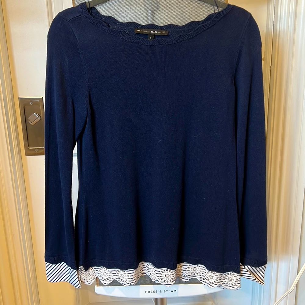 WHBM Boatneck Navy Sweater with layered look.